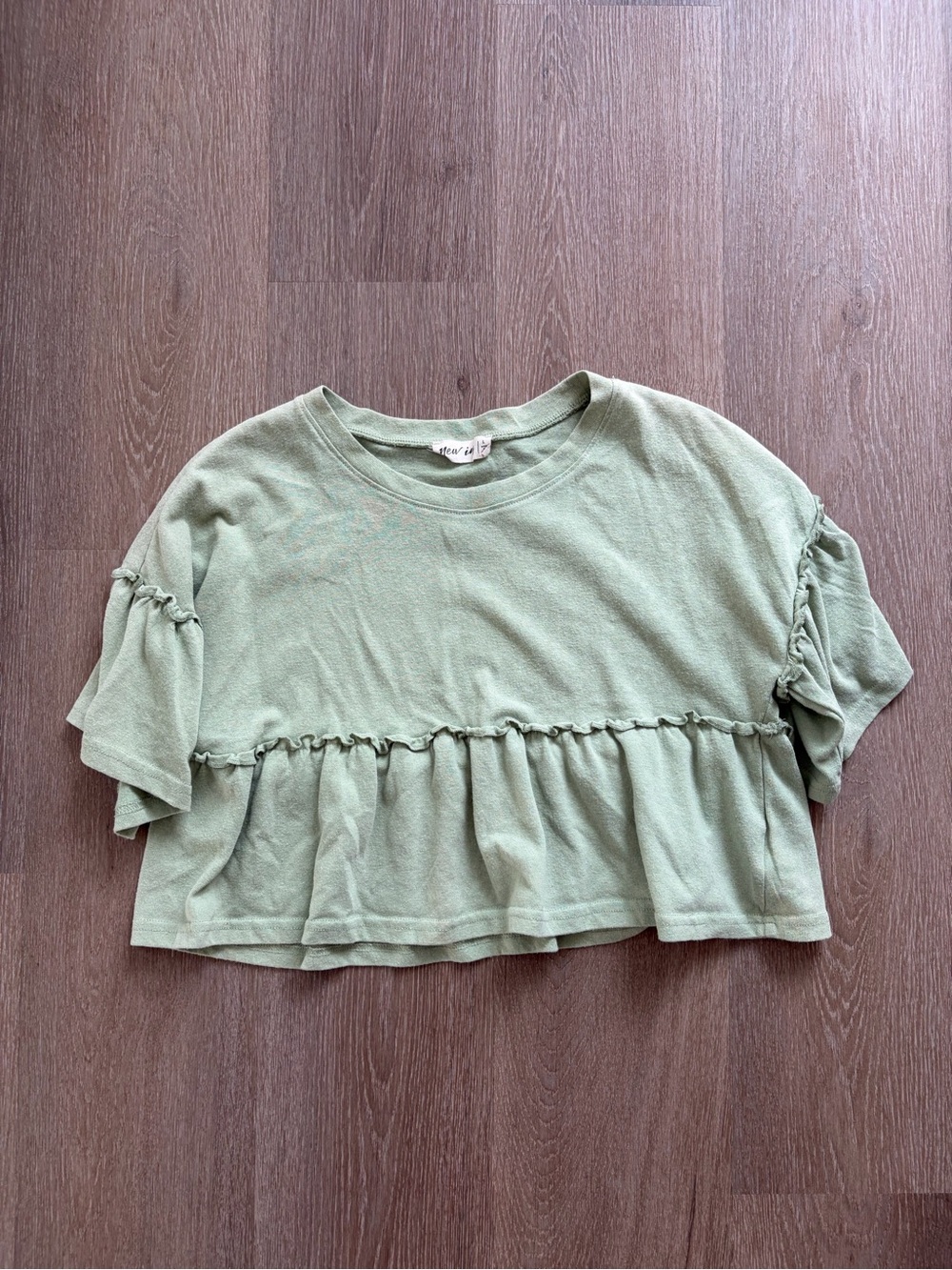 Cropped Sage Green Ruffle-Trim Tee